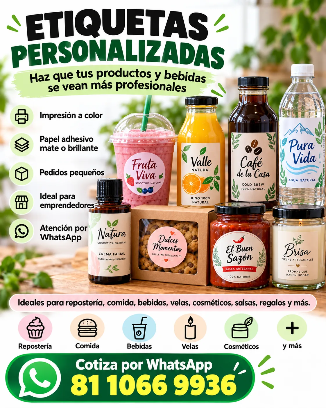Muestras ilustrativas de etiquetas para alimentos, bebidas, velas y productos cosméticos