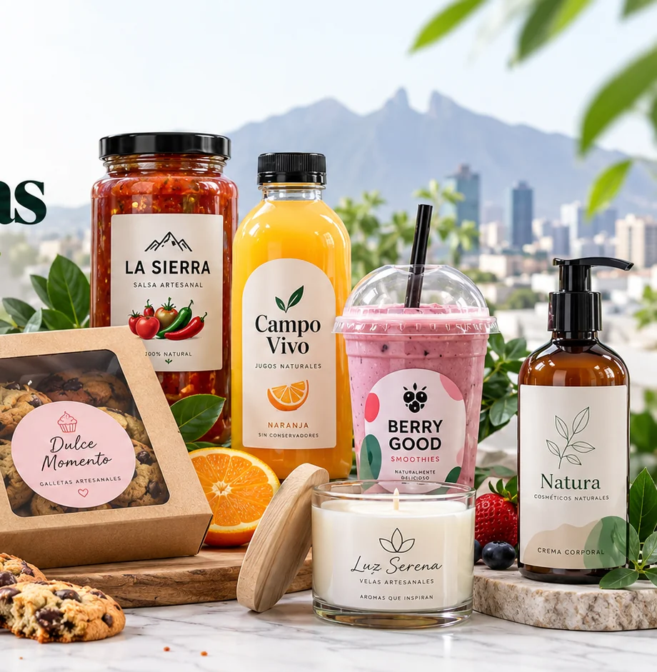 Ejemplos de etiquetas personalizadas para salsas, jugos, postres, velas y cosméticos